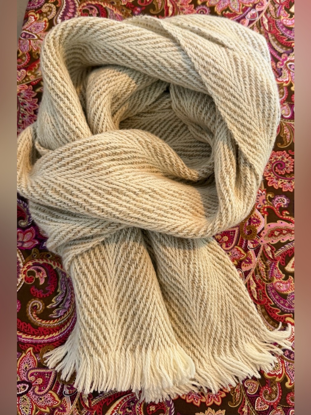 Aran Sweater Market Neutral Herringbone Wool Scarf with Fringe. Like New